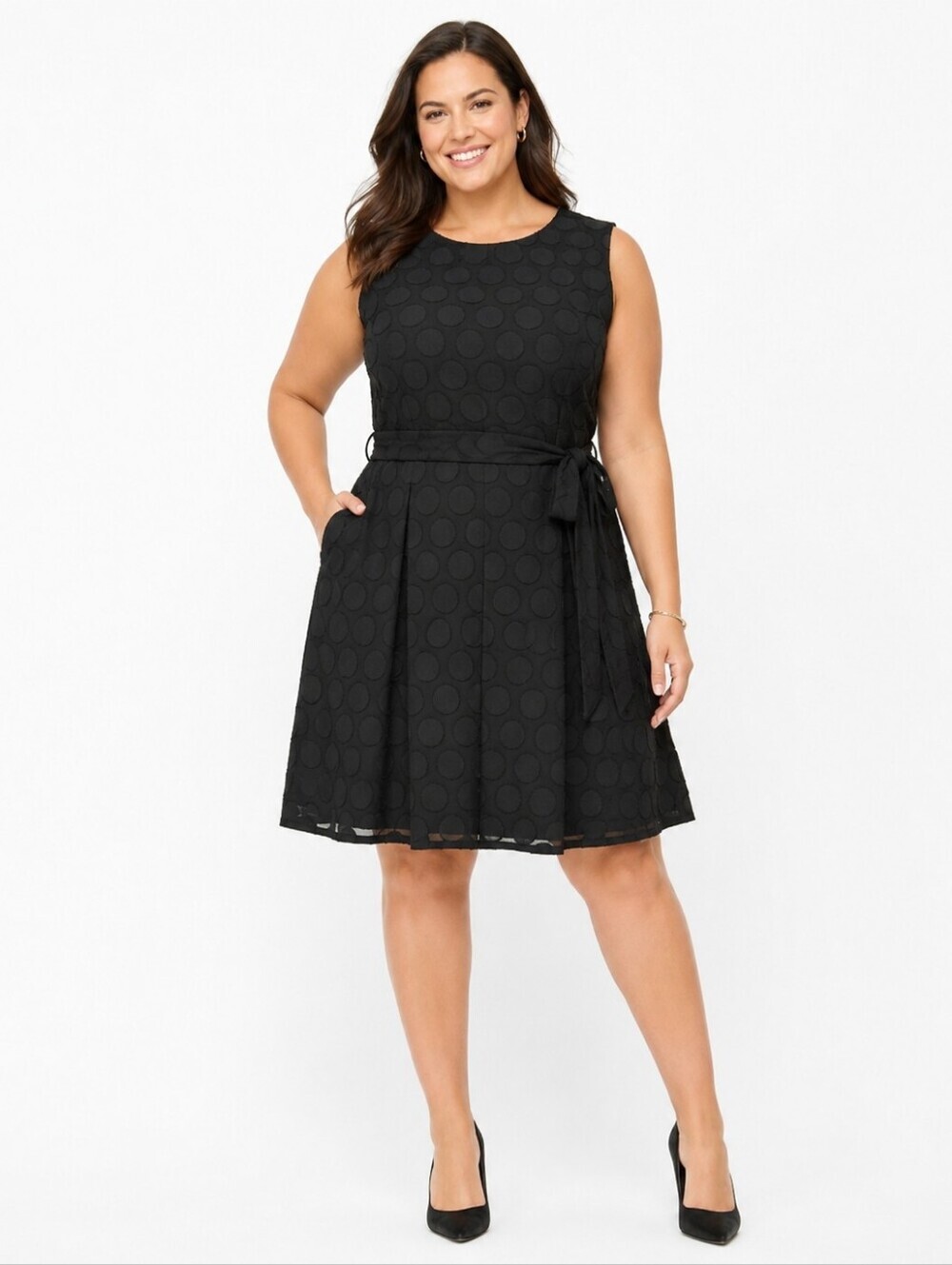 Tommy Hilfiger Dress Size 14 Black Textured Polka Dot Fit Flare Belted